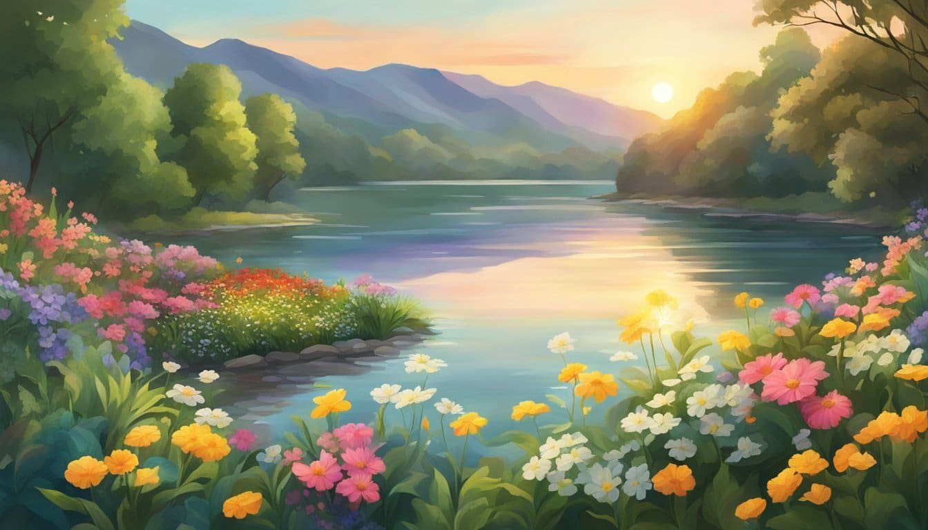 A serene landscape with a glowing sun rising over a calm body of water, surrounded by lush greenery and colorful flowers
