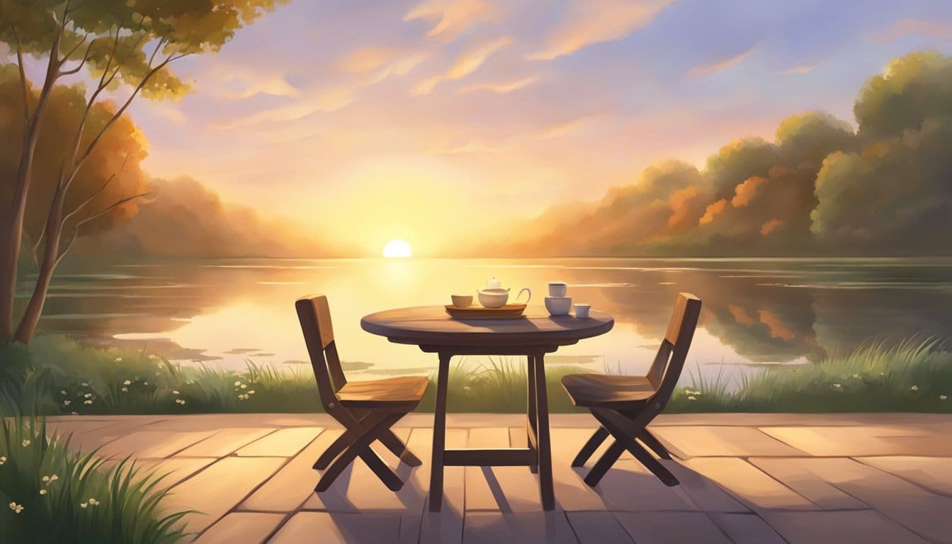 A serene sunrise over a tranquil landscape, with a small table set for prayer and meditation. A gentle breeze rustles the leaves as the morning light illuminates the scene