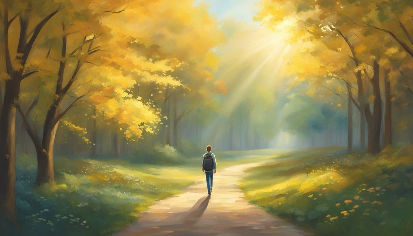A figure walks towards a radiant light, surrounded by a sense of peace and hope. The path ahead is illuminated, and the figure's posture exudes a sense of trust and guidance