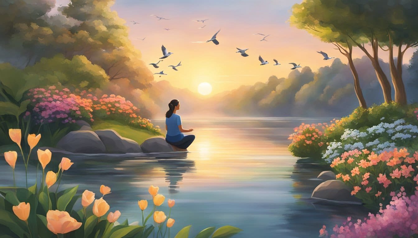 Sunrise over calm waters with birds in flight, a serene garden with blooming flowers, and a person in quiet meditation