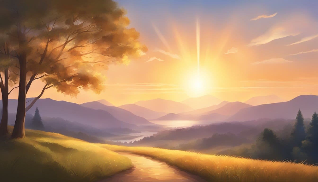 A radiant light shining from above, casting a warm and comforting glow over a peaceful landscape. The air is filled with a sense of tranquility and hope