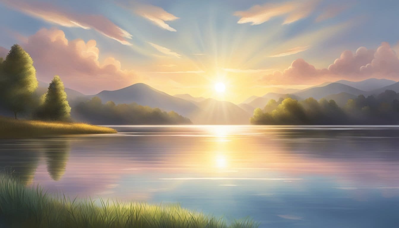 A serene sunrise over a calm lake, with rays of light breaking through the clouds, creating a sense of peace and hope