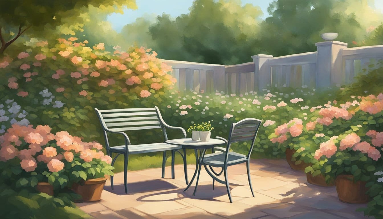 A serene garden with a small table and two chairs, surrounded by blooming flowers and lush greenery. A gentle breeze rustles the leaves as the morning sun casts a warm glow over the scene