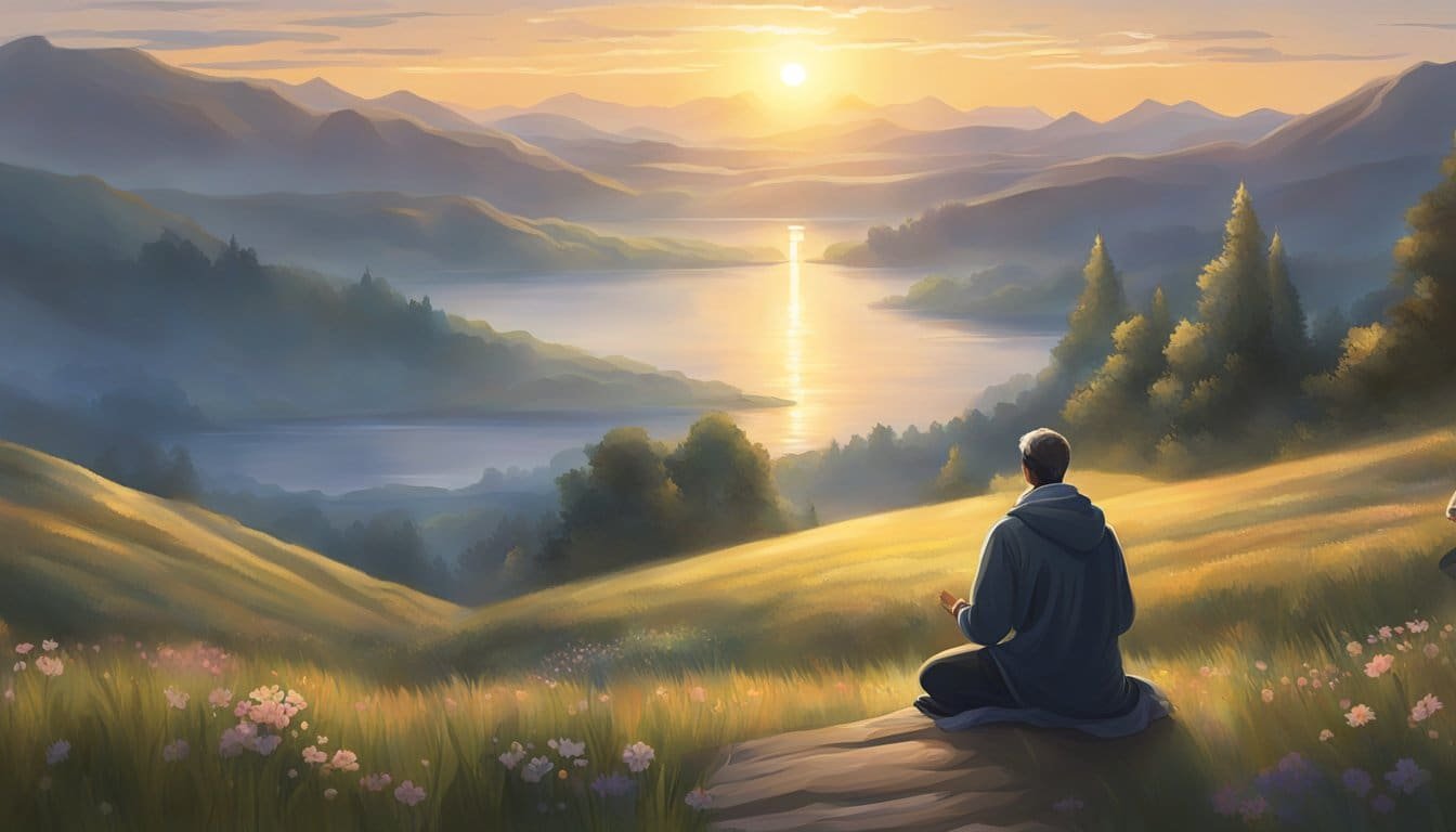 A bright sun rises over a tranquil landscape, as a figure kneels in prayer, surrounded by a sense of peace and hope