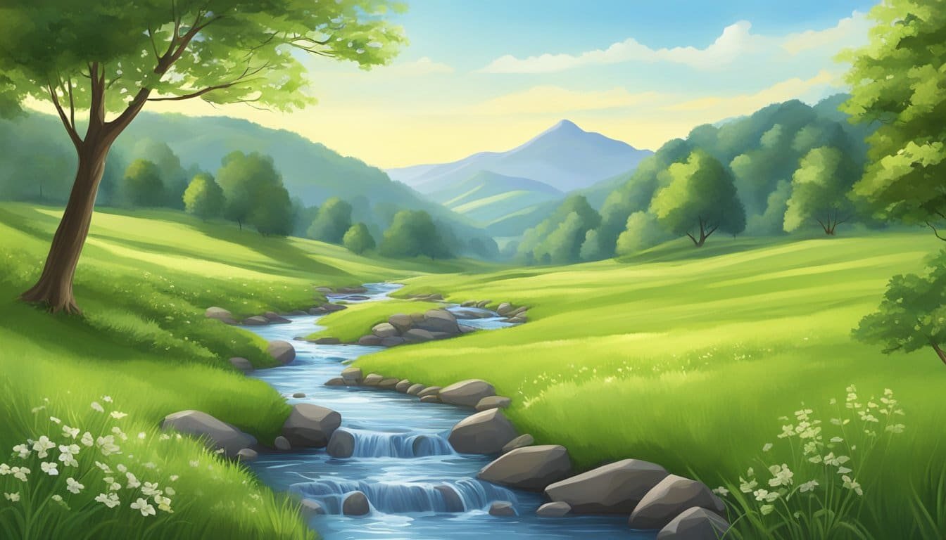 A peaceful meadow with a flowing stream, surrounded by lush green hills and a clear blue sky