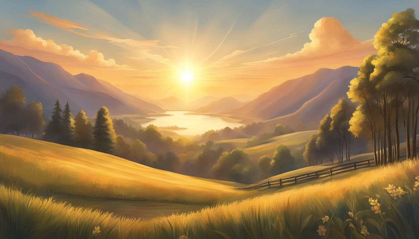 The sun rises over a serene landscape, casting a warm glow on the earth below. A sense of peace and gratitude fills the air as the day begins anew