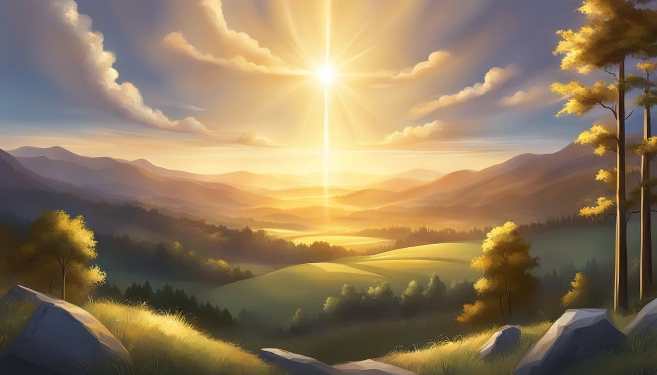 A radiant light shines from above, illuminating the surrounding landscape with hope and warmth