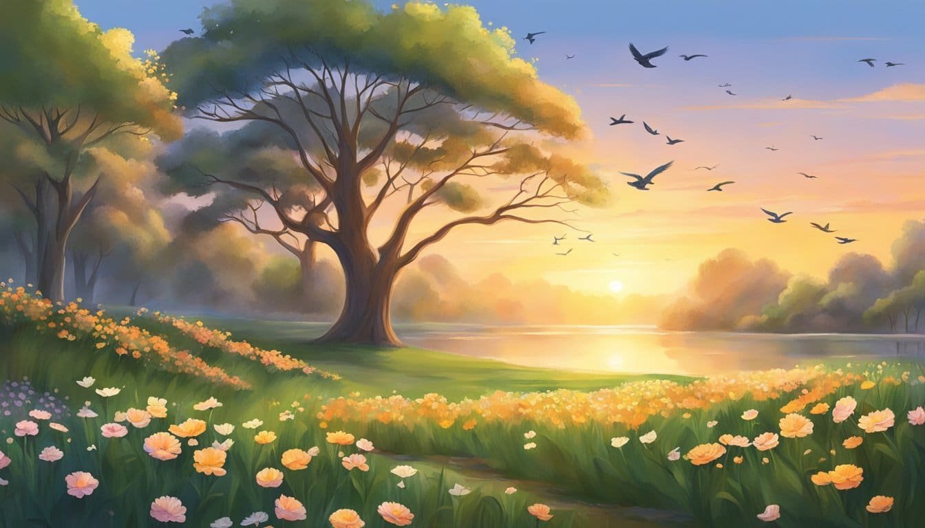 Sunrise over a serene landscape, with birds chirping and flowers blooming. A sense of calm and hope fills the air as the morning prayers are being recited