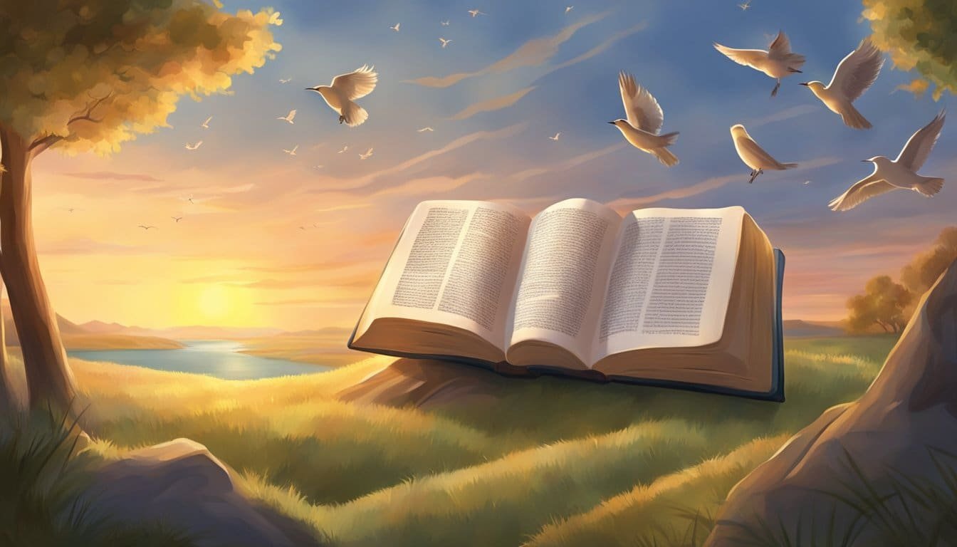 A serene sunrise over a tranquil landscape, with a Bible open to a verse. A gentle breeze rustles the pages as birds sing in the background