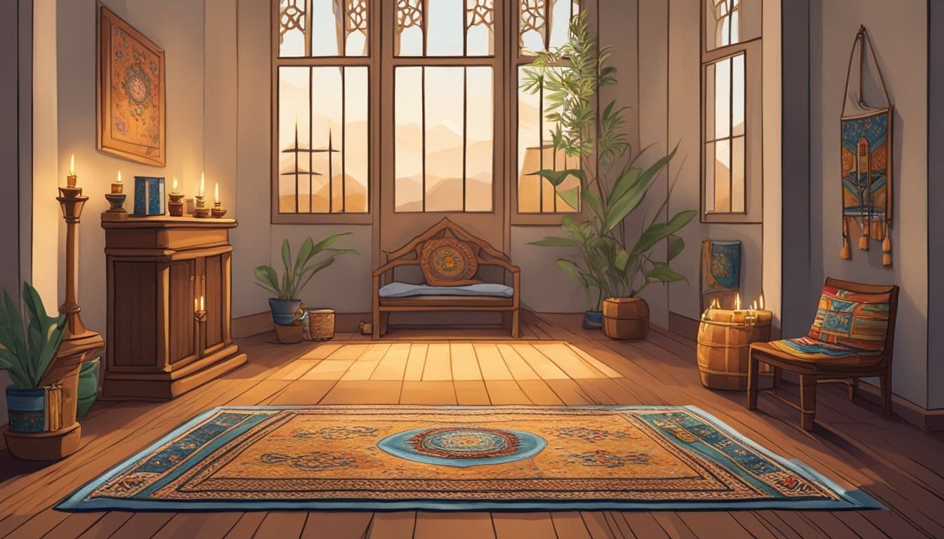 A serene room with soft, natural light filtering through tall windows. A cozy prayer rug laid out in the center, surrounded by flickering candles and a small altar adorned with meaningful symbols and objects