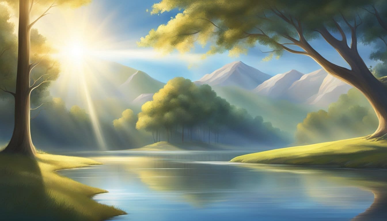 A beam of light shining down on a tranquil landscape, with a sense of peace and strength emanating from the surroundings