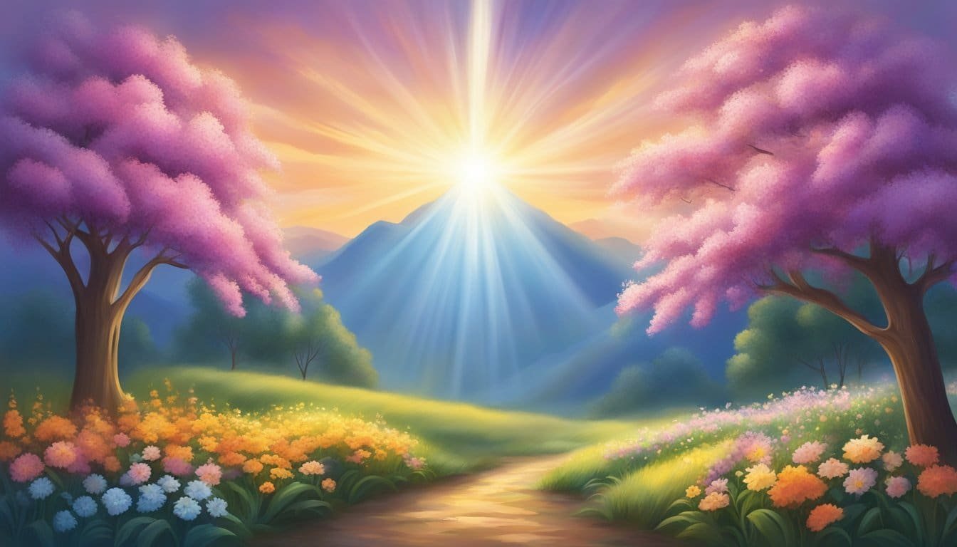A radiant beam of light shining down from the heavens, illuminating a peaceful landscape with vibrant colors and blooming flowers, symbolizing the strength found in the joy of the Lord