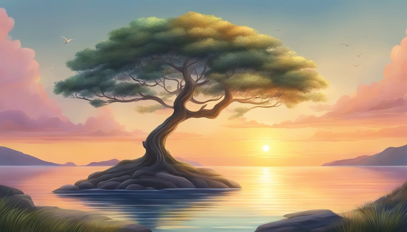 A serene landscape with a colorful sunrise, a calm sea, and a sturdy tree, symbolizing hope and strength