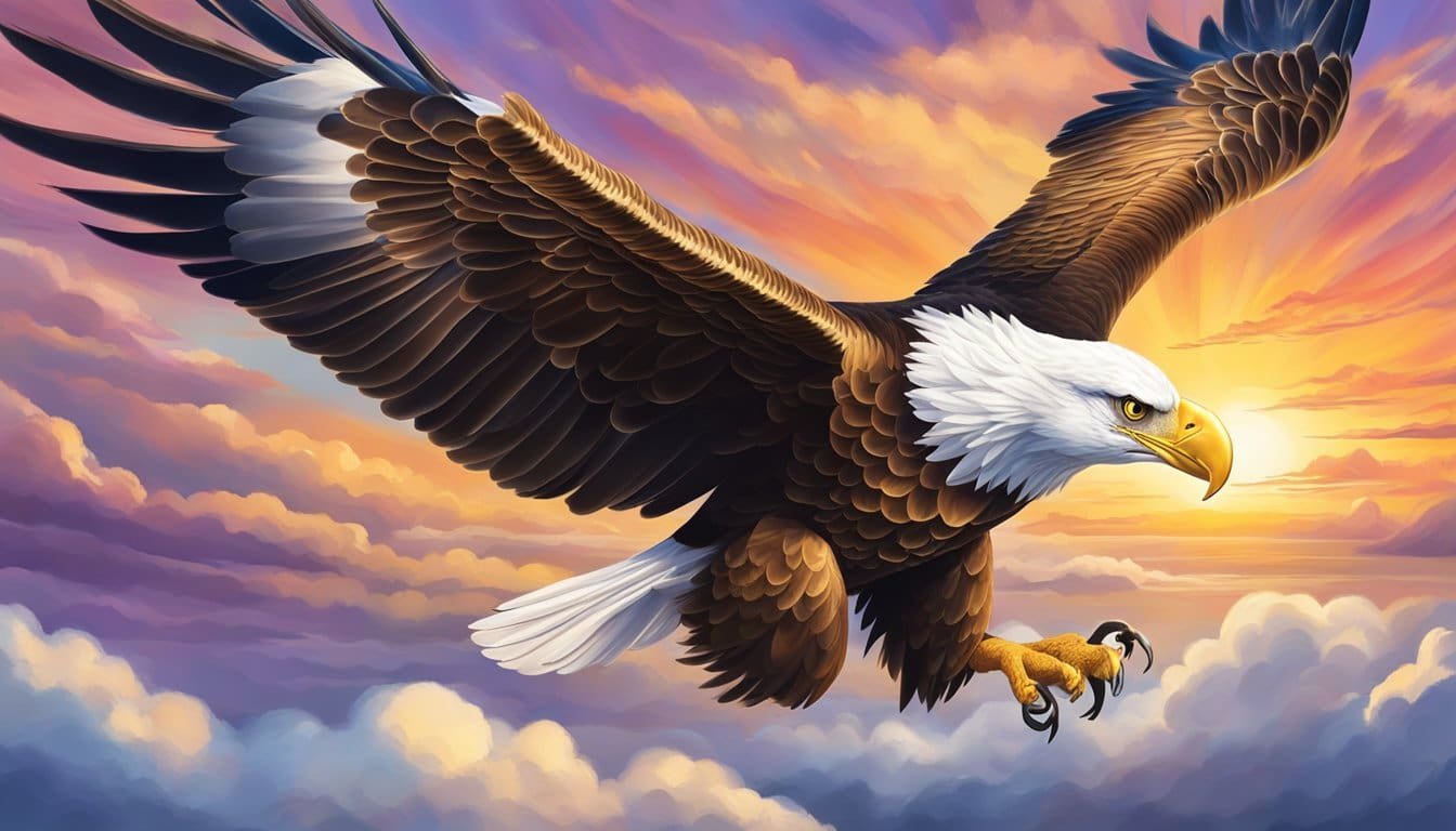 A majestic eagle soars through a vibrant sky, its wings outstretched in powerful flight, symbolizing the renewal of strength for those who put their hope in the Lord