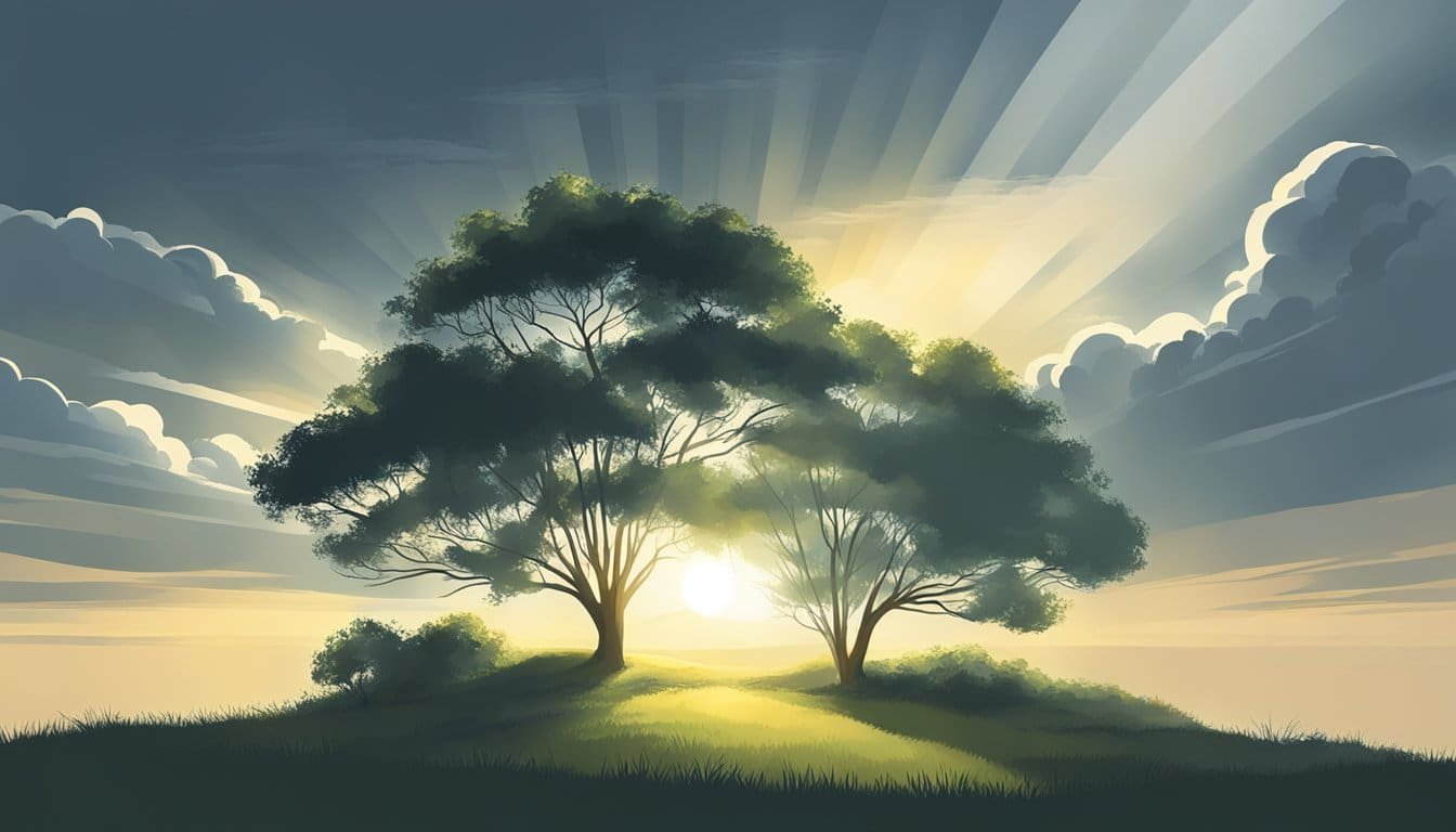 Sunlight breaks through storm clouds, casting rays on a serene landscape. Trees stand tall, their branches reaching towards the sky. A sense of peace and hope fills the air
