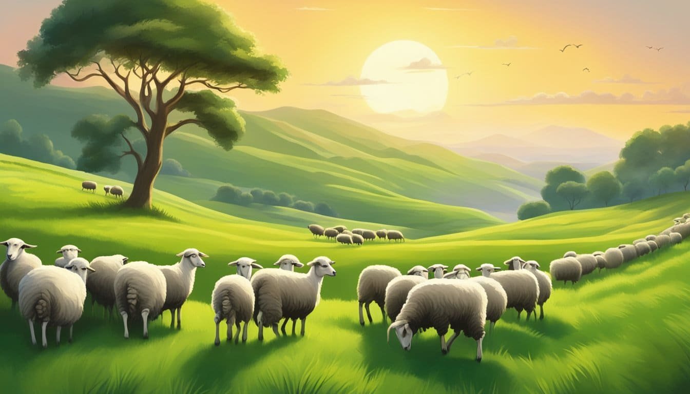 A serene landscape with a shepherd guiding a flock of sheep through lush green pastures, conveying a sense of peace and abundance