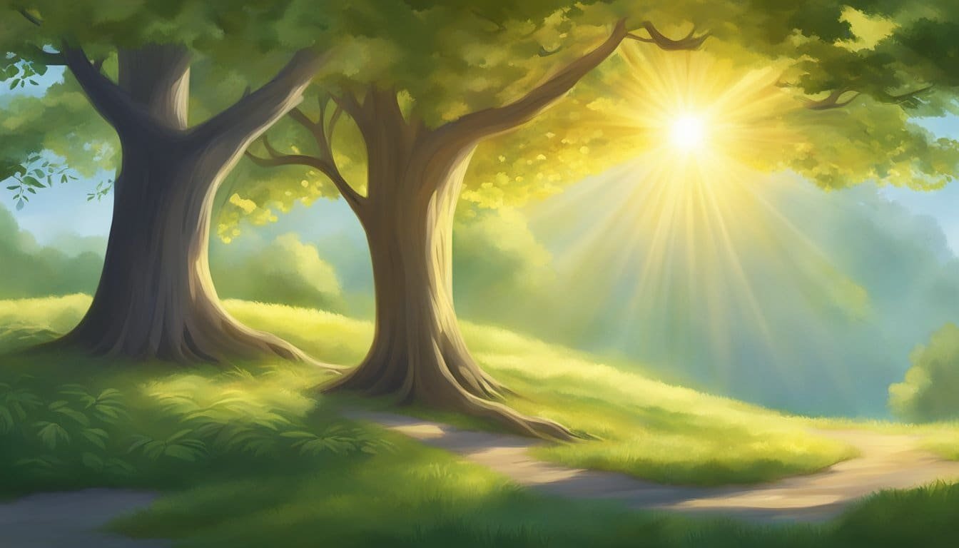 A radiant sun shines down on a tranquil landscape, with a gentle breeze blowing through the trees, symbolizing the strength and peace bestowed by the Lord