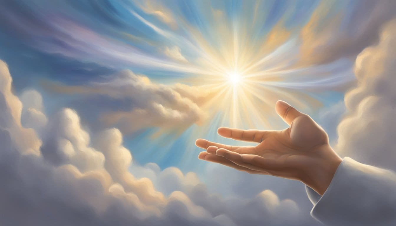 A calming hand reaches out from the heavens, offering reassurance and strength. The words of Isaiah 41:10 are written in the sky, bringing hope and comfort to those in need