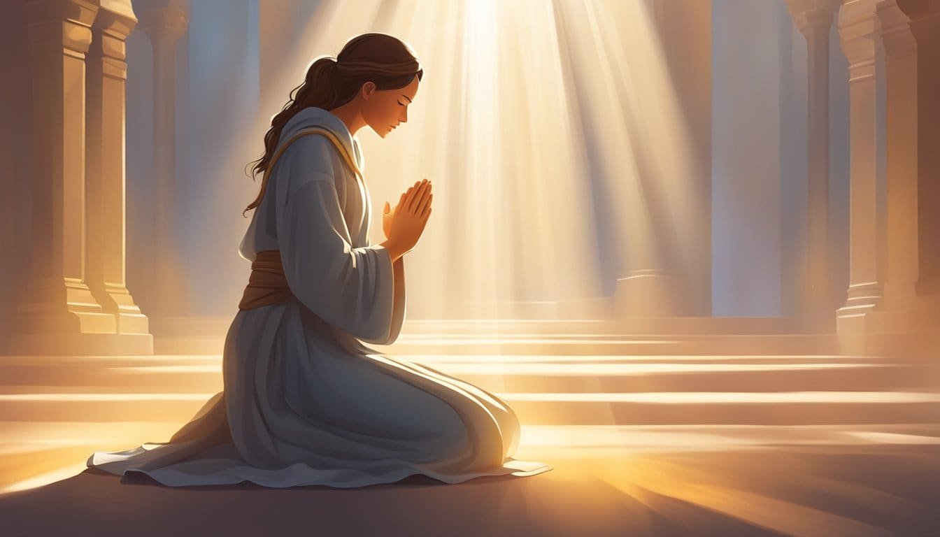 A serene figure kneels in prayer, surrounded by a warm glow. Rays of light shine down, illuminating the scene with a sense of peace and strength