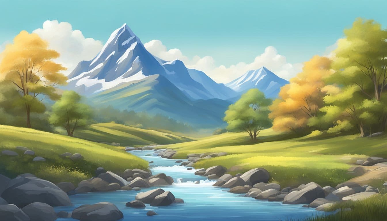 A tranquil landscape with a sturdy, protective mountain and a calm, flowing stream, under a clear blue sky