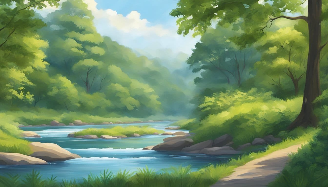 A serene landscape with a calm, flowing river, surrounded by lush greenery and a clear blue sky, depicting the serenity and courage sought in the prayer