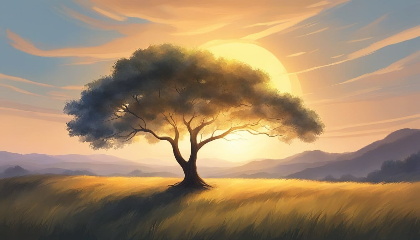 A serene landscape with a solitary tree, its branches gently swaying in the breeze. The sun sets in the distance, casting a warm glow over the scene, offering a sense of comfort and hope