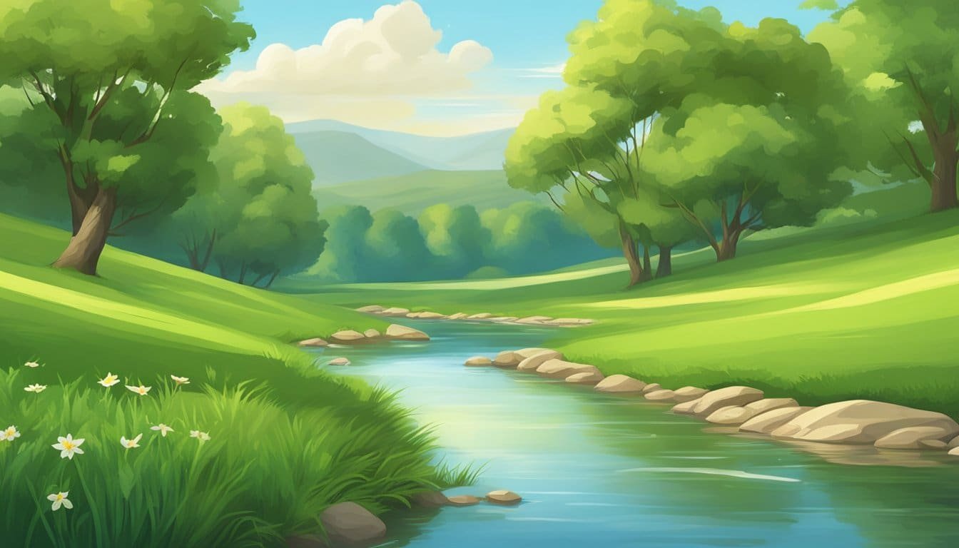 A serene landscape with a calm, open sky and a peaceful stream flowing through a lush, green meadow