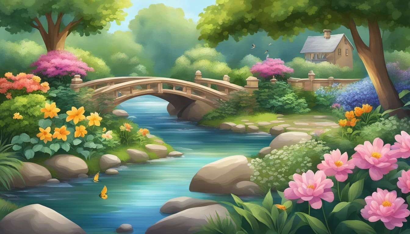 A serene garden with a variety of flowers and plants, a peaceful stream flowing through, and a gentle breeze carrying the sound of birds chirping