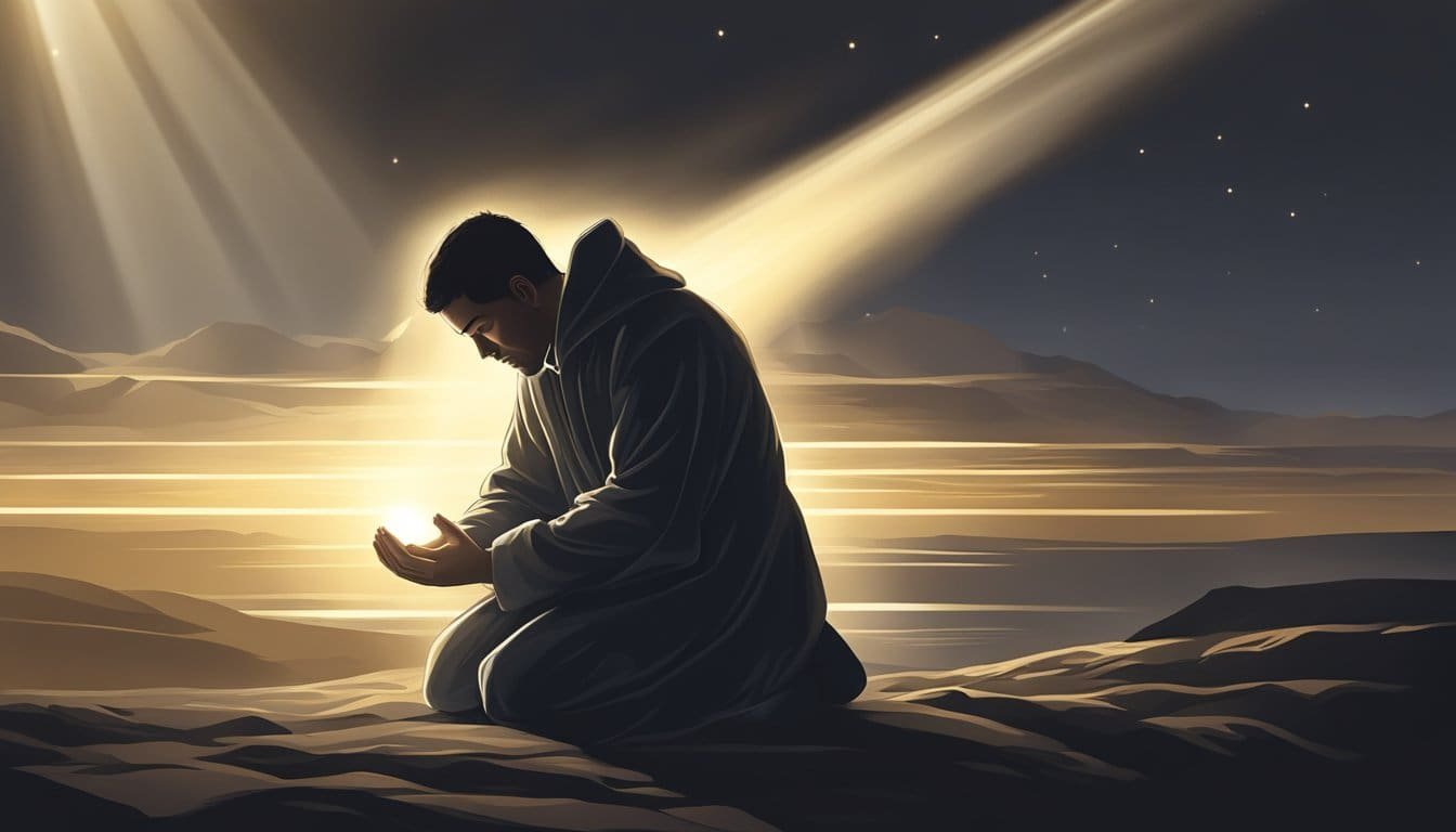 A figure kneels in prayer, surrounded by darkness but with a ray of light shining down, symbolizing hope and strength