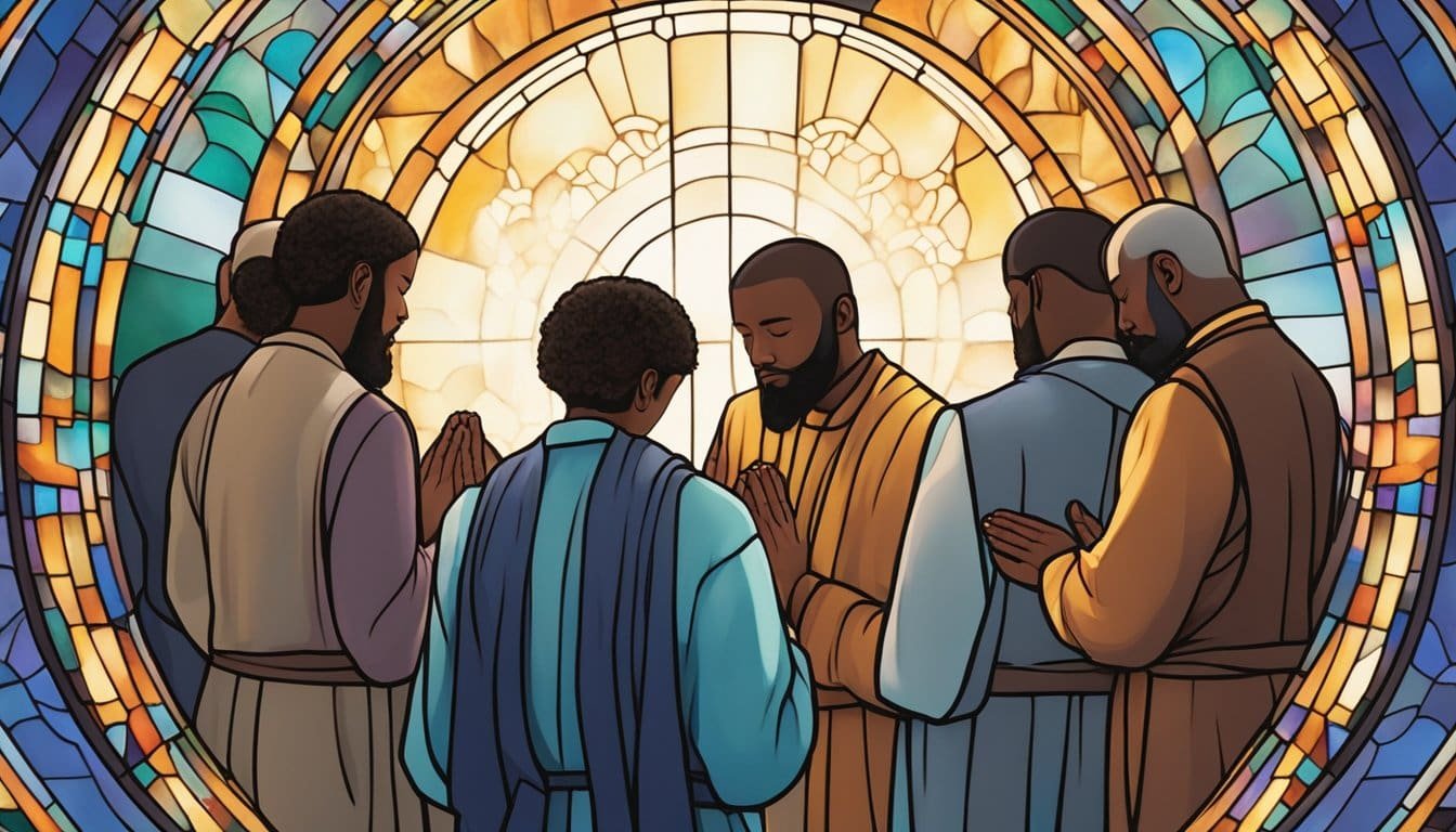 A group of diverse individuals gather in a circle, heads bowed in prayer. Light streams in through stained glass windows, illuminating the peaceful scene