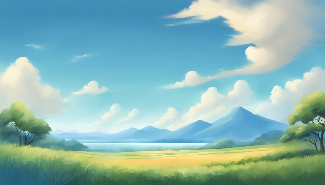 A serene landscape with a calm, blue sky and a gentle breeze, symbolizing inner peace and tranquility
