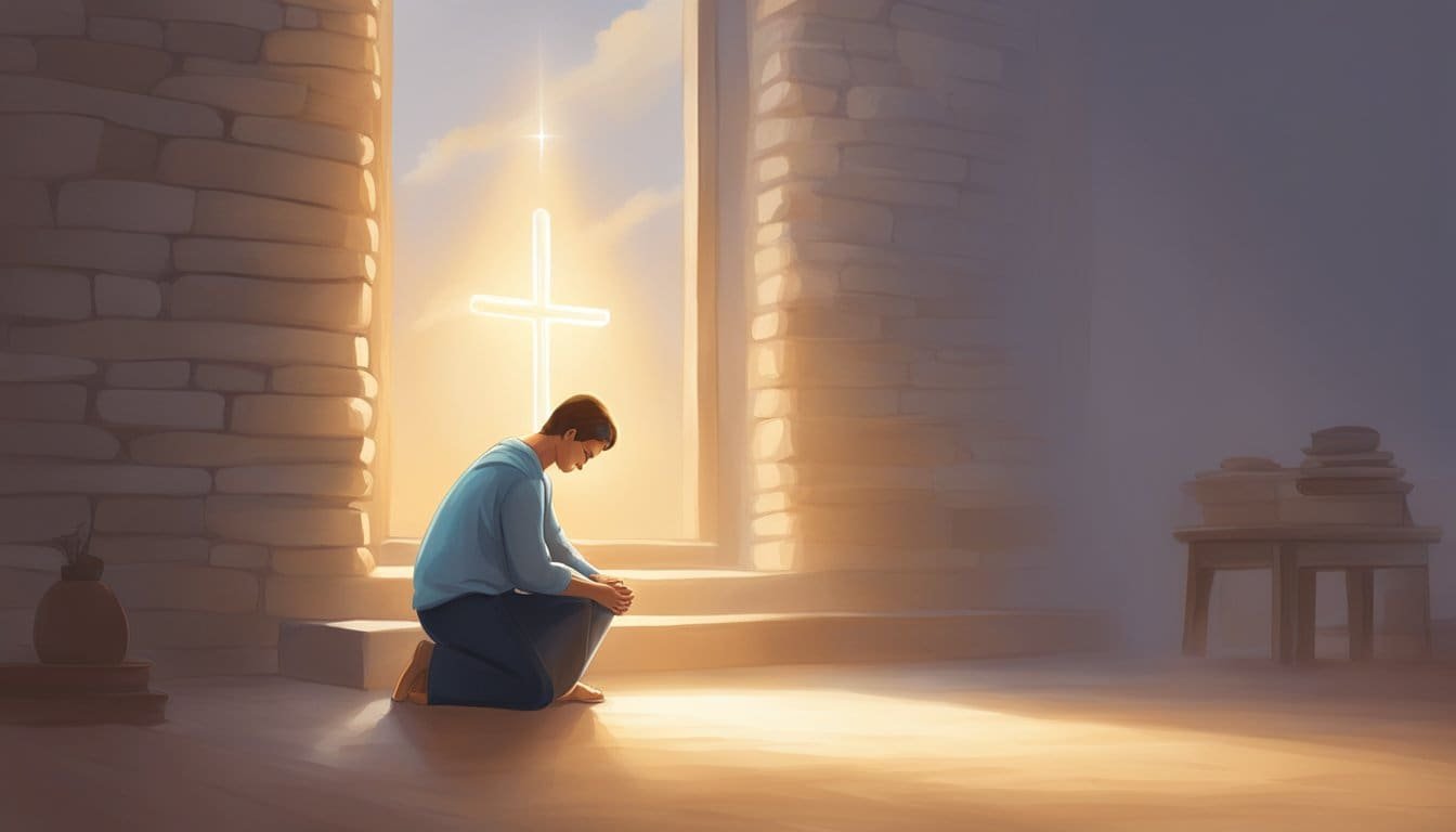 A person kneeling in prayer, surrounded by a warm, comforting light, with the words "I can do all this through him who gives me strength" written above