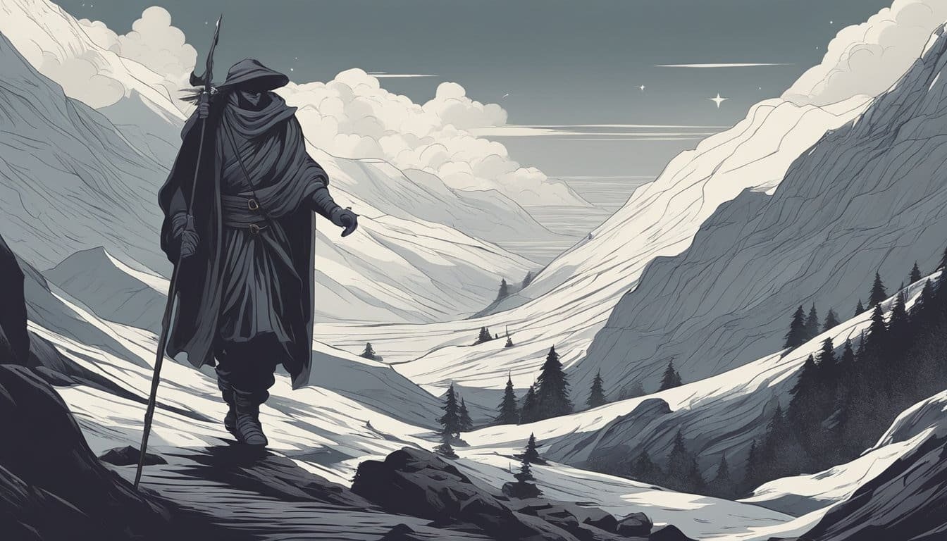 A figure walks through a dark valley, surrounded by a sense of comfort and protection. A rod and staff are present, symbolizing strength and guidance