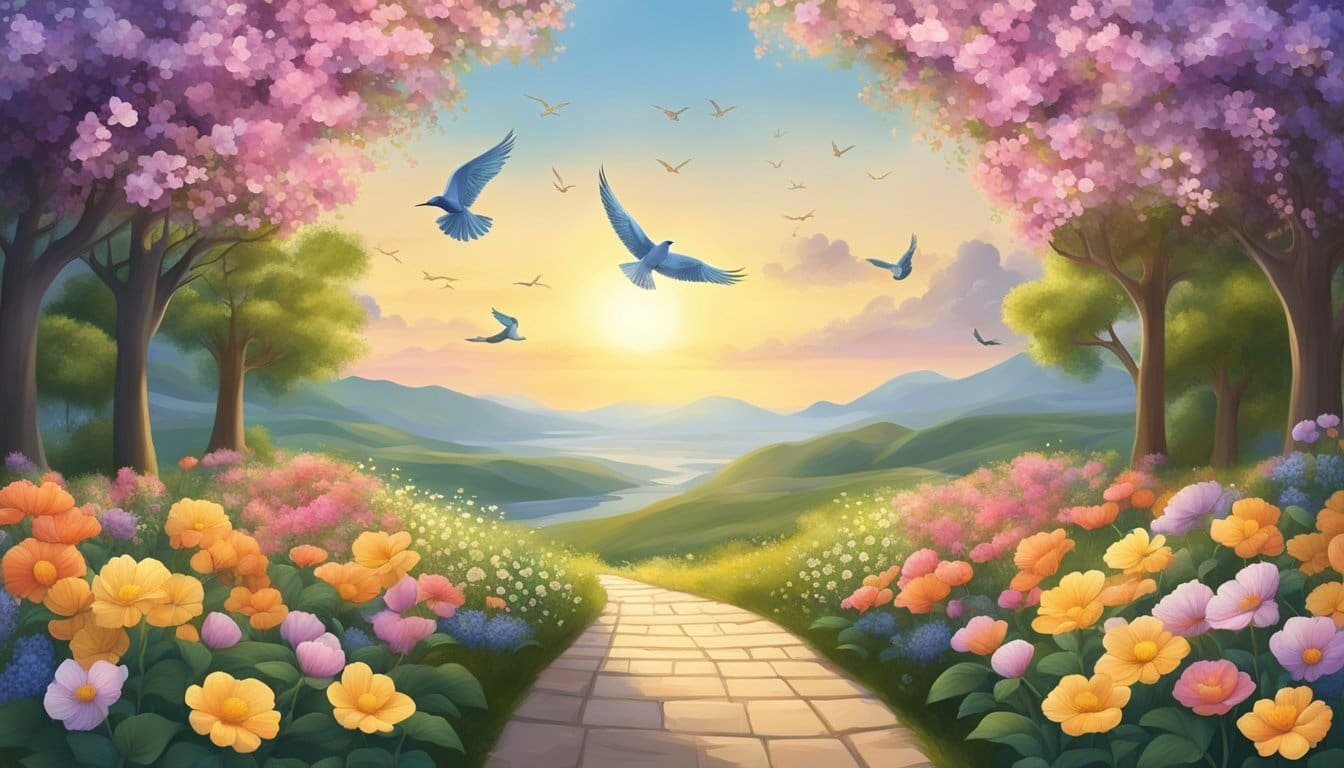 A serene landscape with a sunrise or open sky, surrounded by symbols of growth and opportunity such as blooming flowers, soaring birds, and open pathways