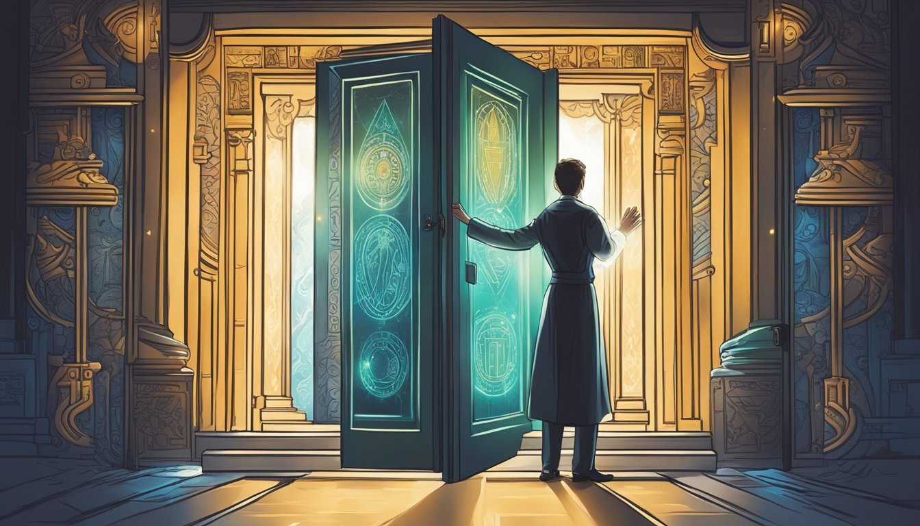 A figure reaching towards a glowing door, surrounded by symbols of wisdom and opportunity
