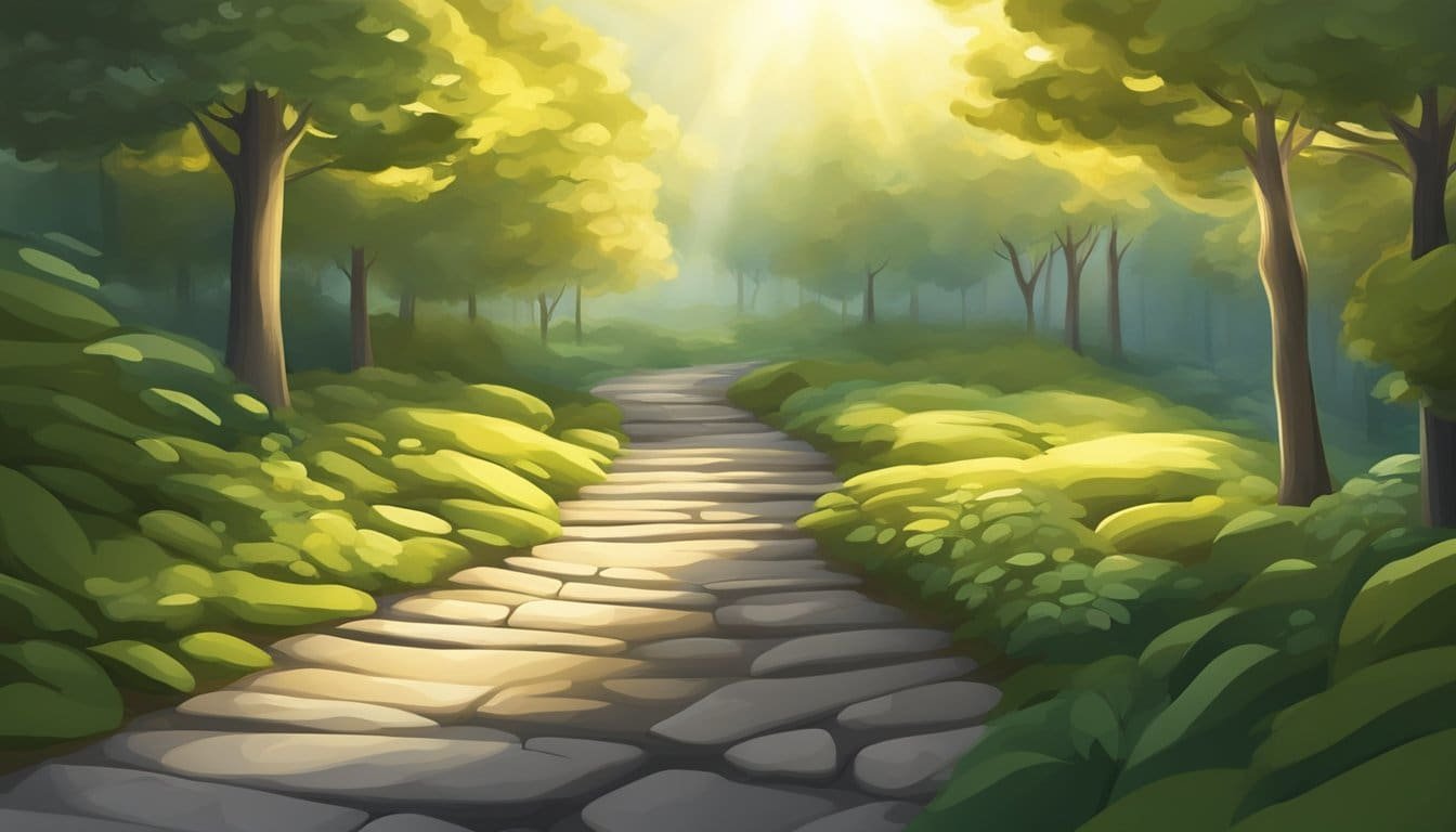 A bright light shines on a winding path, leading forward. The light illuminates the way, symbolizing guidance and new opportunities