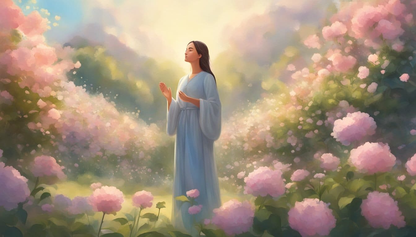 A figure stands in a serene garden, surrounded by blooming flowers and gentle sunlight. They raise their face towards the sky, seeking guidance and peace from a higher power