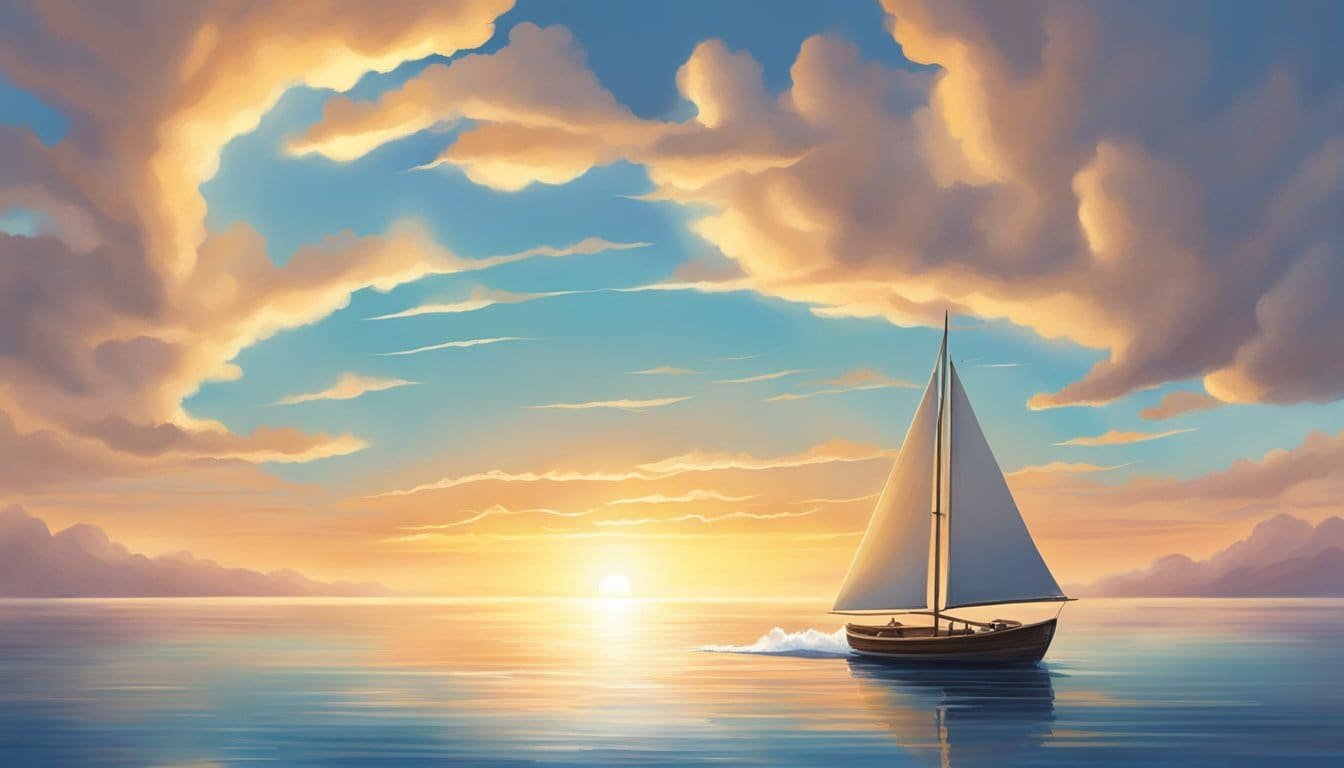 A sunrise over a calm ocean, with a small boat heading towards the horizon. A beam of light breaks through the clouds, symbolizing courage and new beginnings