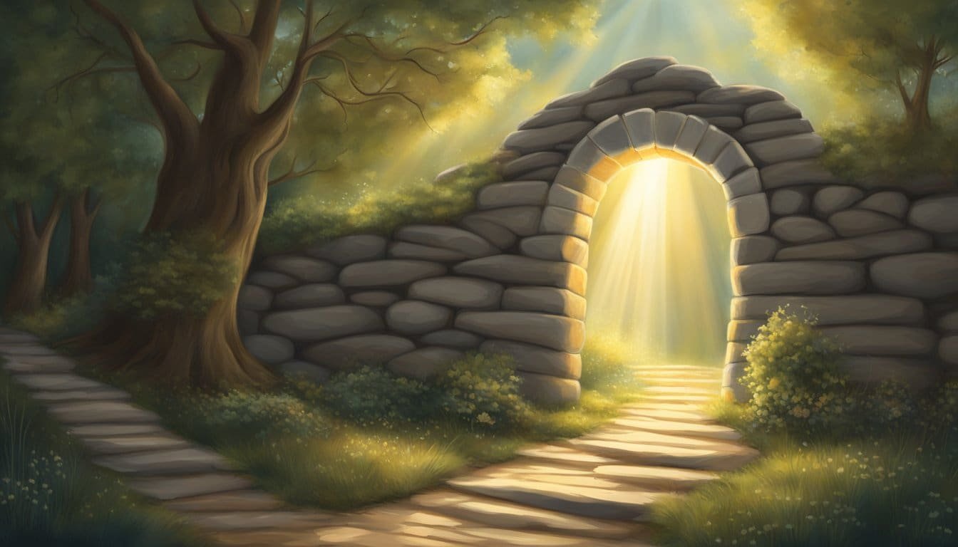 A beam of light shines down onto a path leading to a door, with the Bible verse "Let Your will guide me to new endeavors" displayed above