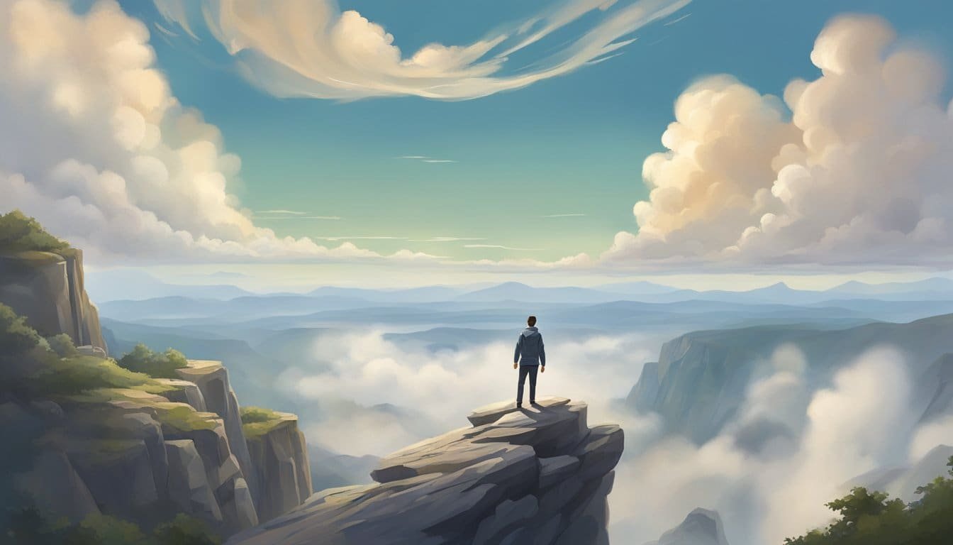 A figure stands on a rocky cliff, arms outstretched towards the sky. The surrounding landscape is in the midst of transformation, with swirling clouds and changing terrain