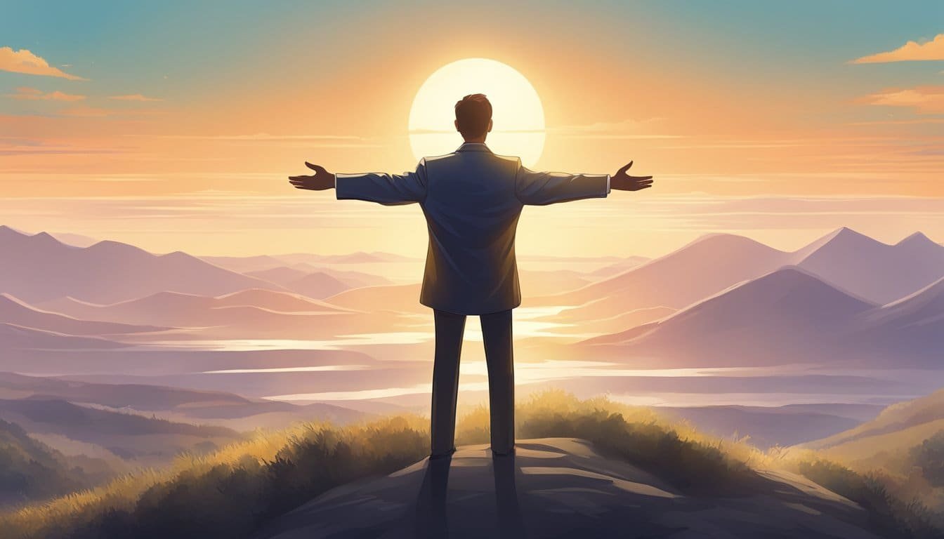 A figure stands with arms outstretched, facing a bright horizon. A sense of determination and hope radiates from their posture, symbolizing a readiness to embrace new opportunities