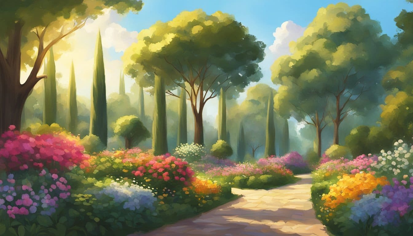 A lush garden with vibrant flowers and tall, strong trees reaching towards the sky, bathed in golden sunlight