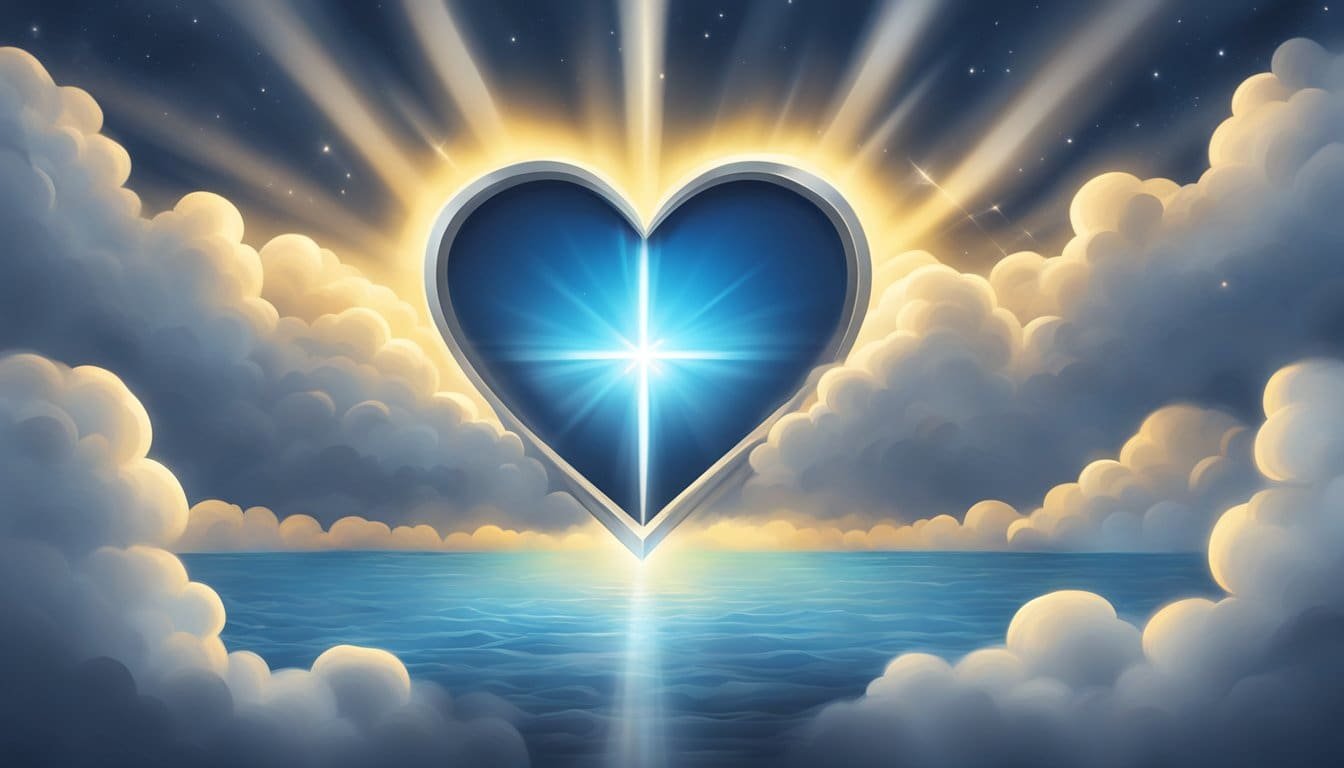 A beam of light shines through dark clouds, illuminating a heart-shaped symbol of hope. Surrounding it are symbols of reassurance and peace