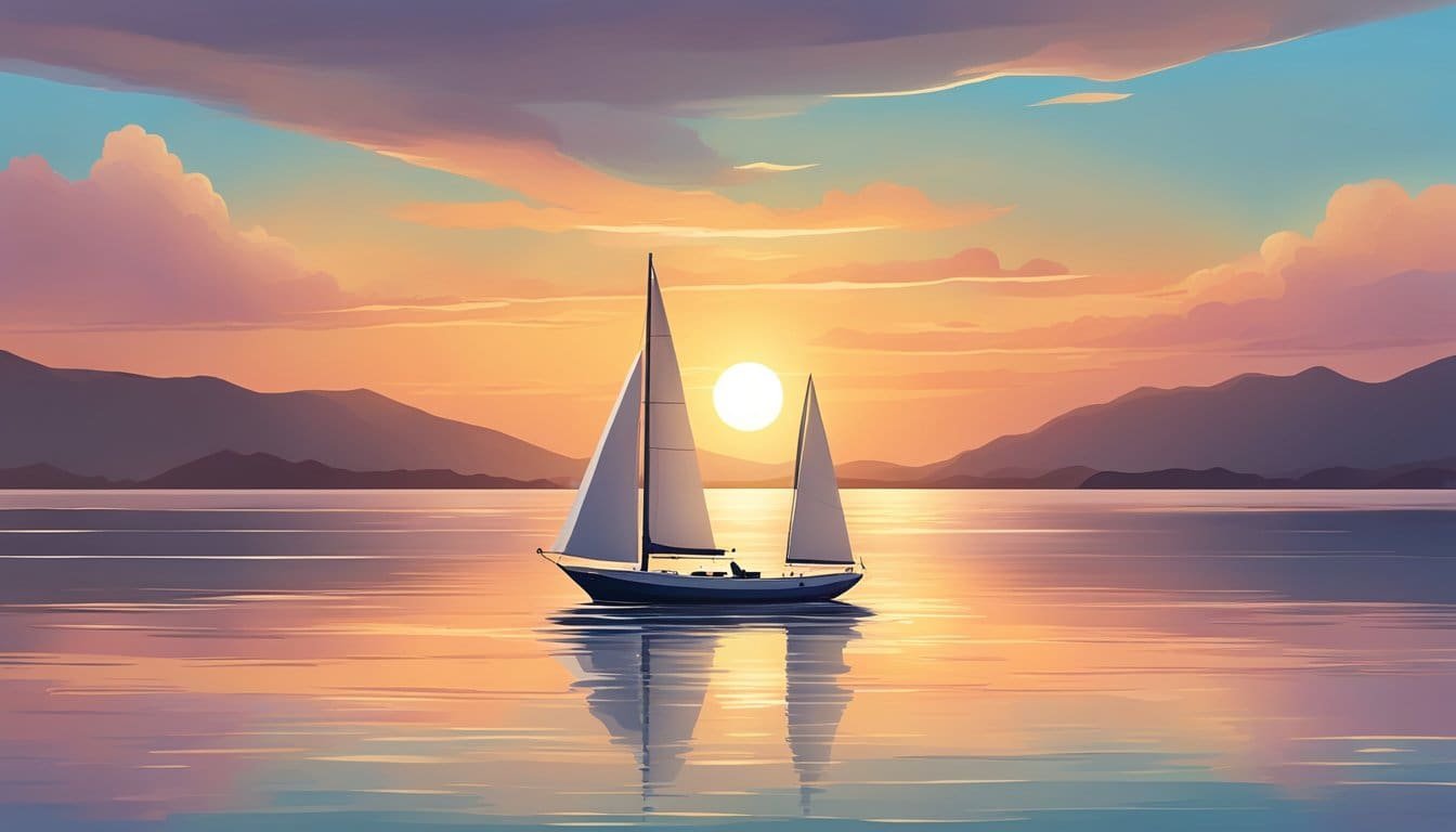 A serene sunset over calm waters, with a sailboat peacefully gliding towards the horizon, surrounded by a sense of tranquility and hope