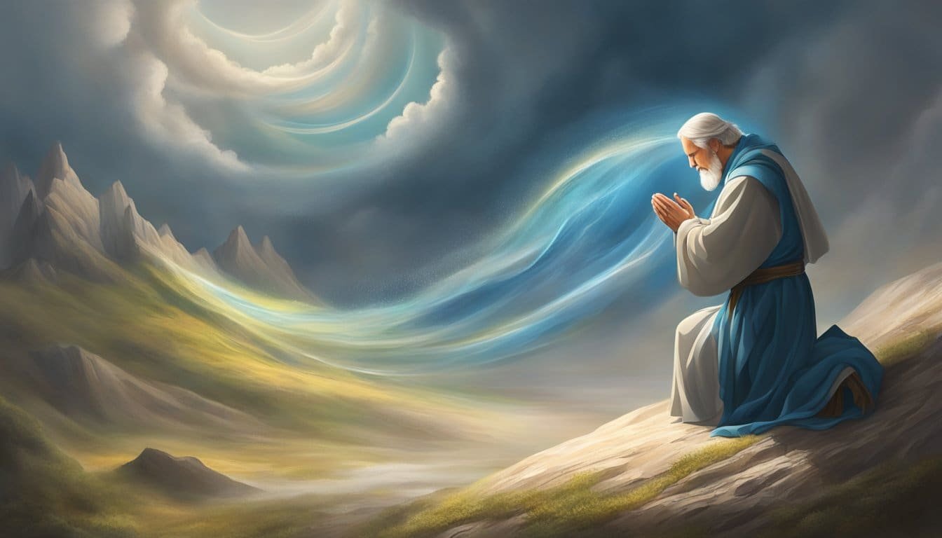 A figure kneels in prayer, surrounded by swirling winds and shifting landscapes, surrendering to the will of Almighty God