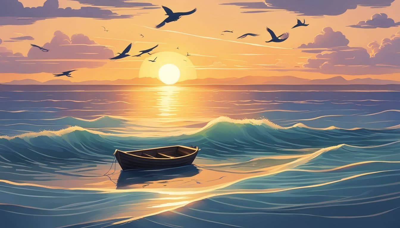 Sunrise over a calm ocean, with a small boat setting out on a new journey. Birds flying overhead and a sense of peaceful anticipation in the air