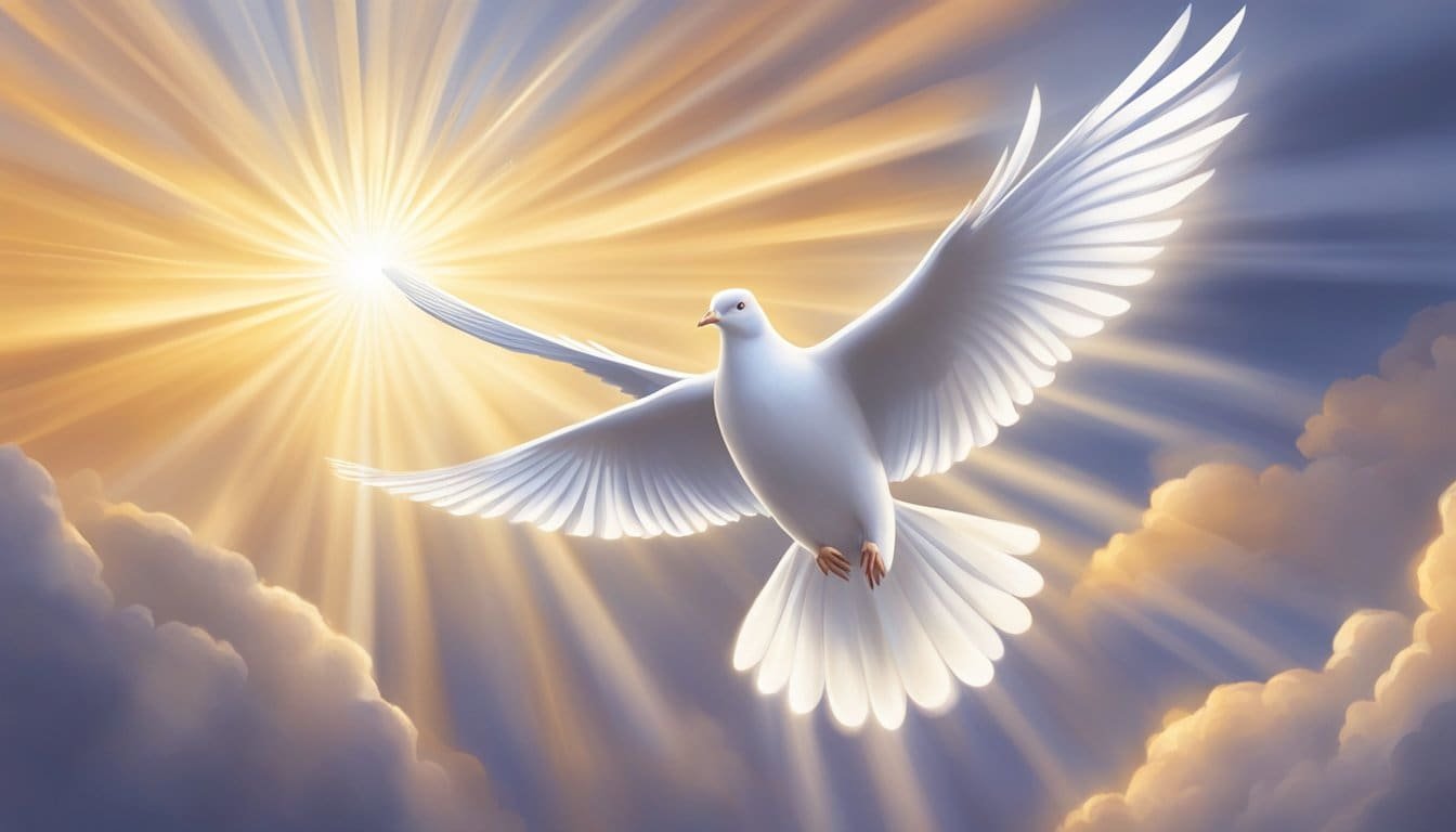 A glowing dove descends, surrounded by rays of light, symbolizing wisdom and understanding. The scene is filled with a sense of peace and comfort, evoking the presence of the Holy Spirit during a period of change