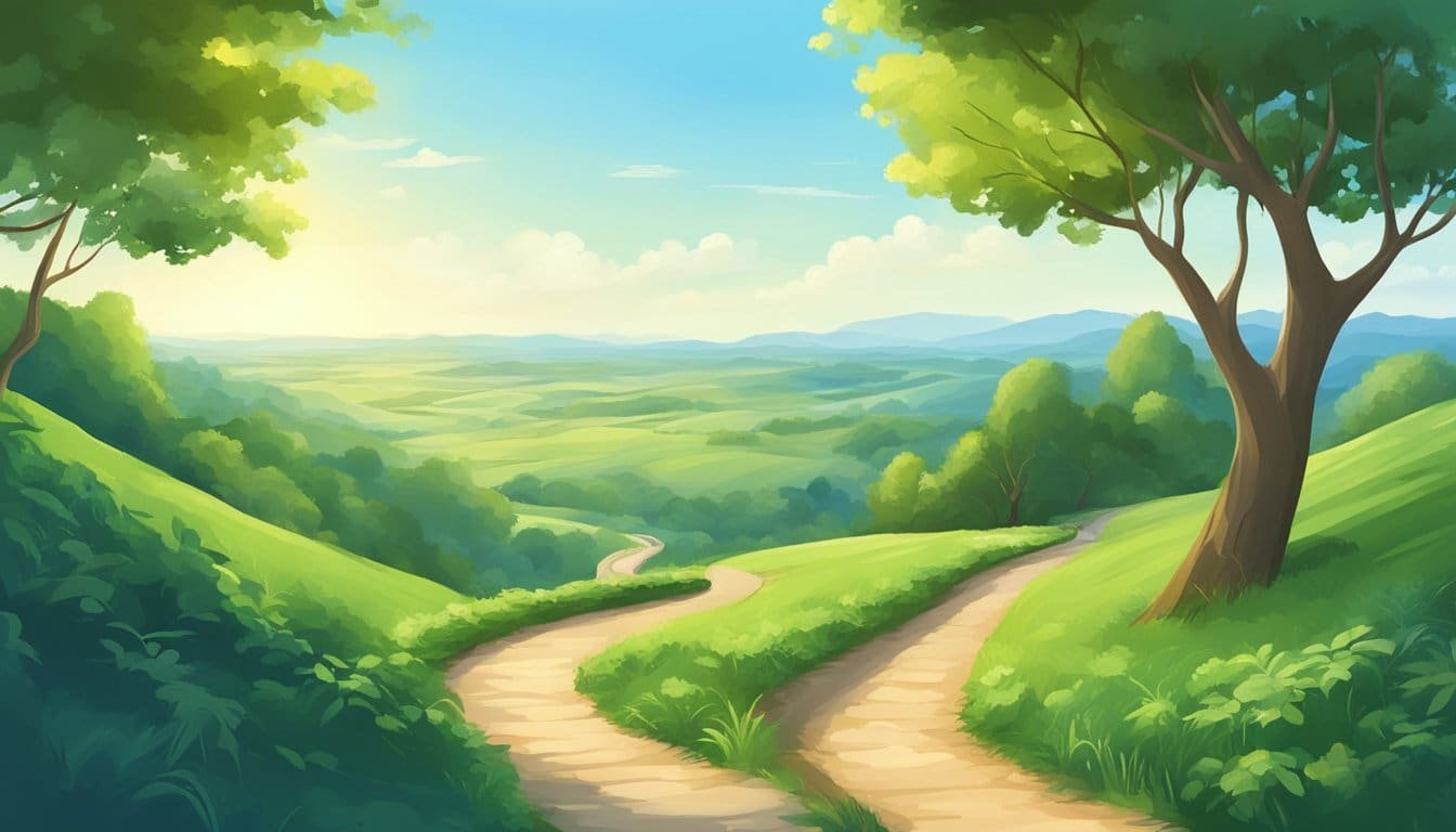 A serene landscape with a winding path leading into the distance, surrounded by lush greenery and a clear blue sky above