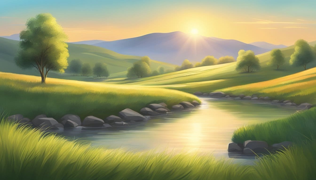 A serene landscape with a glowing sun shining down on a peaceful meadow, surrounded by gentle rolling hills and a clear, calm stream flowing through the scene