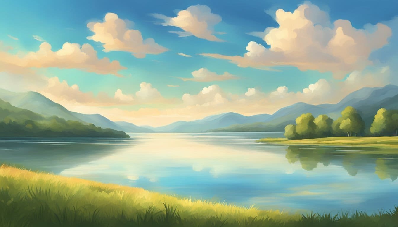 A serene landscape with a bright sky and a calm body of water, symbolizing trust and courage. The scene should evoke a sense of peace and reassurance